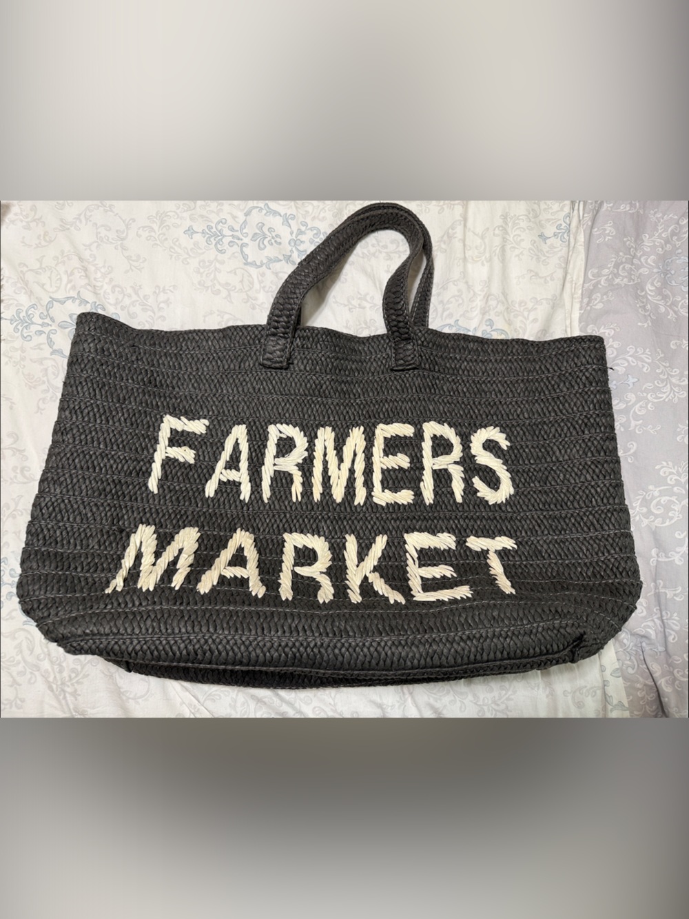 Black Woven Farmers Market Tote Bag with Cream Lettering
